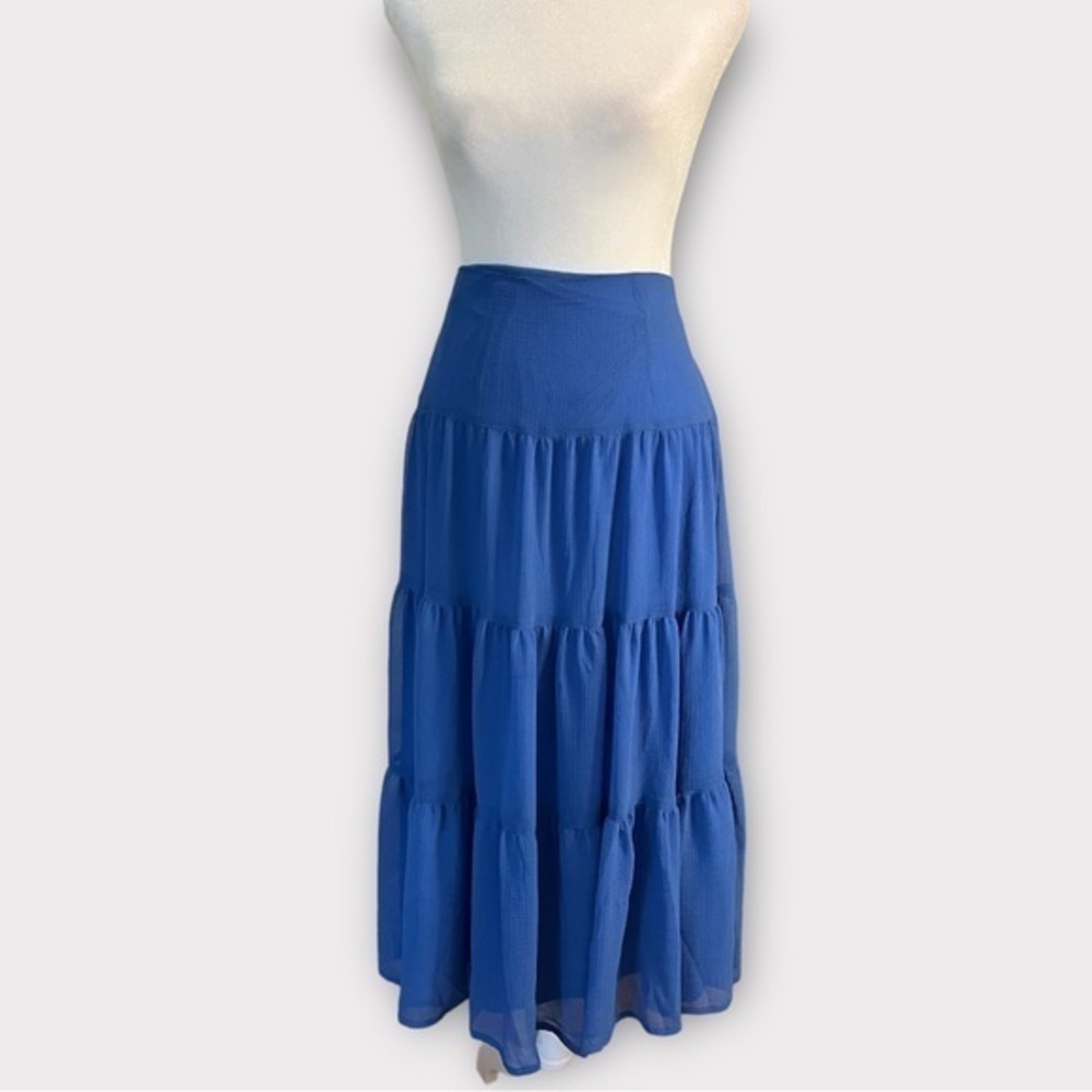 TravelSmith Blue Boho Tier Skirt with Gathered Back Waist Band. Sheer Lined